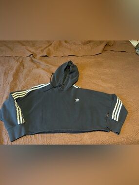 adidas Black Cropped Hoodie with White Stripes